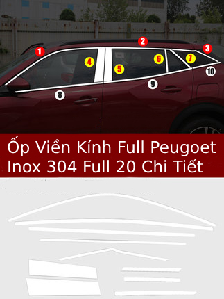 Viền kính peugoet 2008 Full bộ 20 chi tiết inox 304